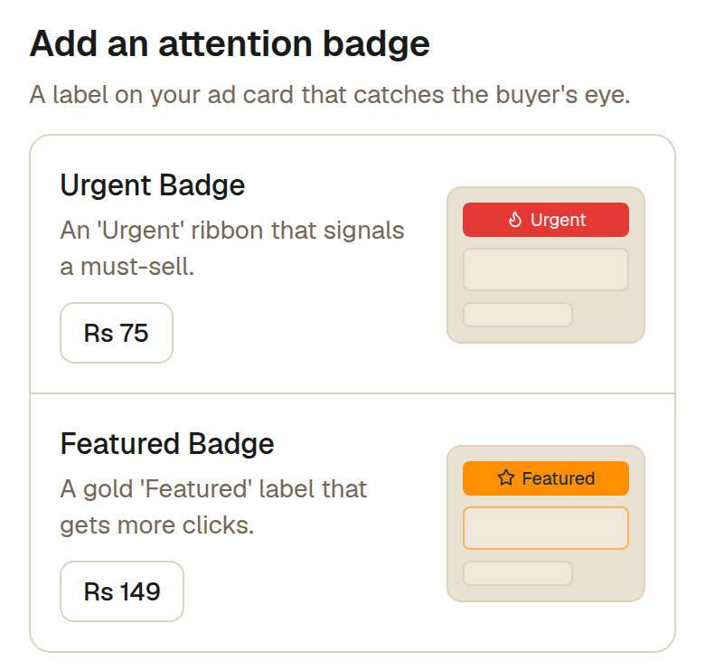 Add a badge. Urgent puts a red tag on your ad; Featured puts an amber one. Neither moves your ad — they make it stand out where it already is, so they work best on an ad that is already being seen.