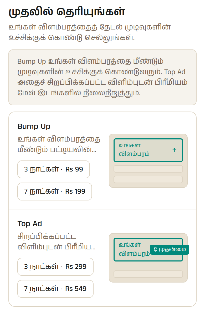 முதலில் தெரியுங்கள். Bump Up இப்போதுதான் இட்டது போல உங்கள் விளம்பரத்தை மீண்டும் பட்டியலின் உச்சிக்குக் கொண்டுவரும் — இதுவே மலிவான ஊக்குவிப்பு, பெரும்பாலான விற்பனையாளர்களுக்குத் தேவைப்படுவதும் இதுவே. Top Ad முழுக் காலத்திற்கும் உங்கள் விளம்பரத்தைச் சாதாரண முடிவுகளுக்கு மேலே நிலைநிறுத்தி, சிறப்பிக்கப்பட்ட விளிம்பையும் தரும்.