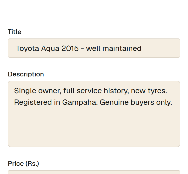 Check what we filled in — title, price, description and photos. Change anything that looks wrong.