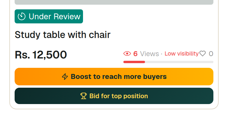 The bar under the price counts how many people opened that ad, and puts a word to the number. Under ten views means almost nobody has seen it — that is far more often a photo and title problem than a price problem.