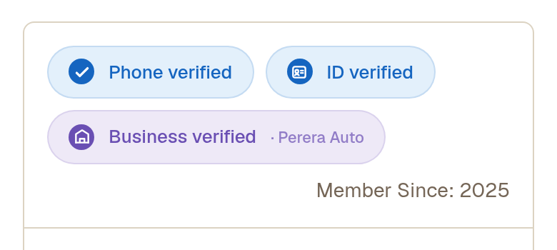 The badges sit at the top of the seller box, on the ad page and on the seller's own page. A seller can have none, one, or all three.