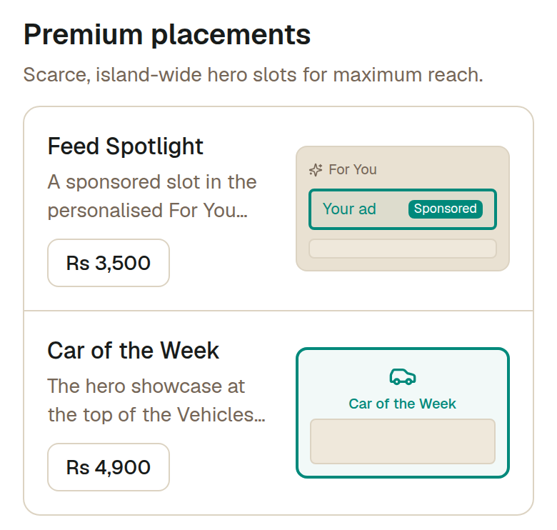 The reserved slots sit at the top of that tier — Feed Spotlight and Car of the Week hold one ad at a time. They are worth considering for a high-value listing you are confident is priced right, and not worth it for a first attempt at a price you are still testing.