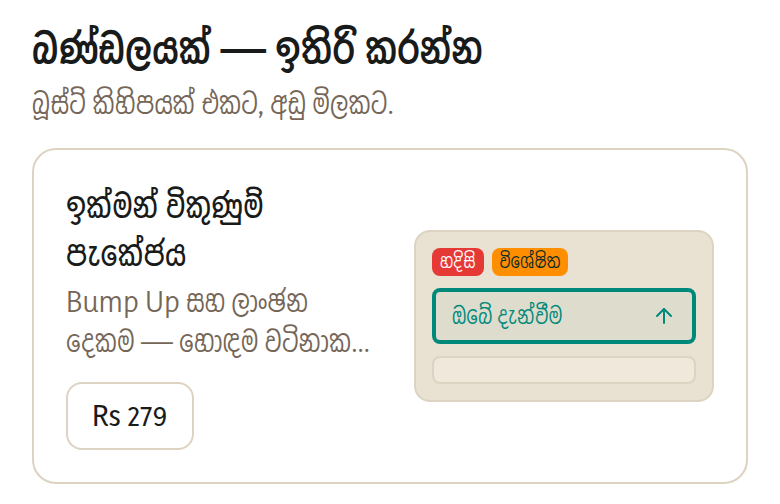 කාලසීමාවක් සඳහා තැනූ එක 'ඉක්මන් විකුණුම් පැකේජය' යි — bump එකක්, හදිසි ලේබලයක් සහ විශේෂිත ලාංඡනයක් එකට, තුන වෙන වෙනම ගැනීමට වඩා අඩු මිලකට, සතියක් පුරා ක්‍රියාත්මක වේ.